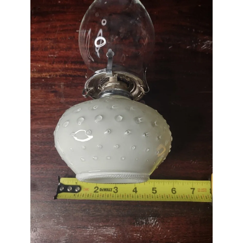 Vintage Hobnail Milk Glass Oil Lamp w/ Clear Chimney 12